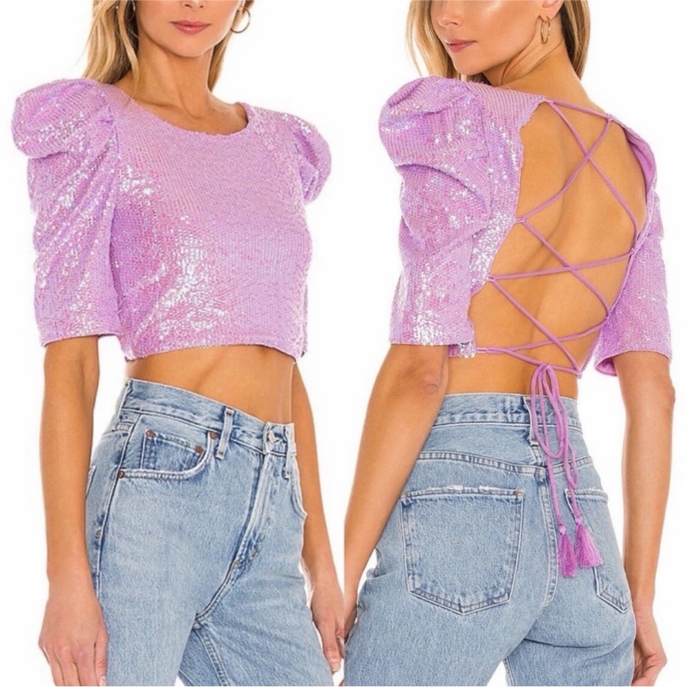 Free People Lavender Sequin Lace-Up Crop Top